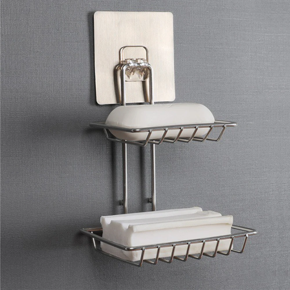 

Stainless Steel Soap Holder, Wall Mounted Soap Dish, Sponge Shelf, Self Adhesive, Suction Cup, Bathroom Accessories, 2-Layer