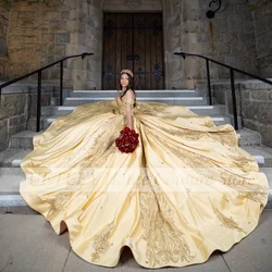 New Golden Quinceanera Dresses 2023 Princess Ball Gowns Beading Off The Shoulder Birthday Party Prom Dress Formal Pageant