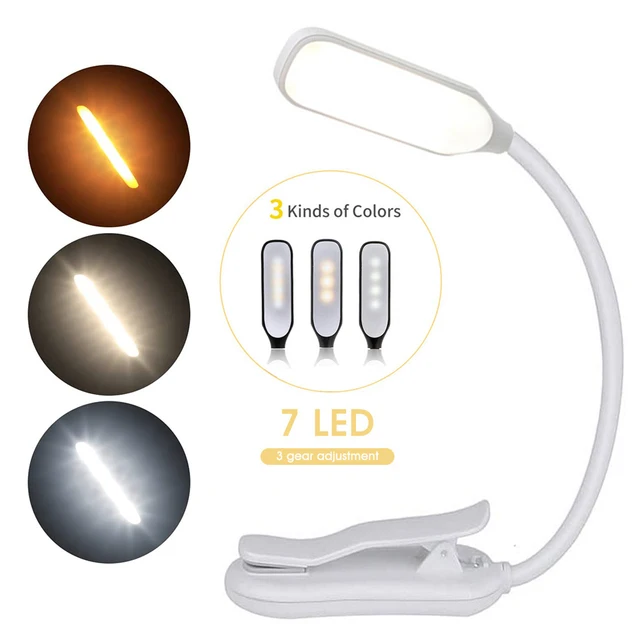 Rechargeable Book Light Mini 7 LED Reading Light 3-Level Warm Cool White Flexible Easy Clip Lamp Read Night Reading Lamp in Bed White Rechargeable