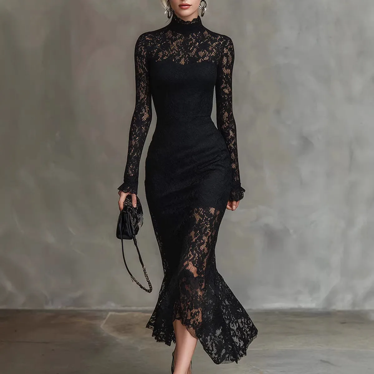 Elegantes Damen-Abendkleid mit Halbhohem Kragen, Modisches Frühlingskleid mit Spitzen-Patchwork, Schickes Partykleid mit Langen Ärmeln und Schlanker Passform