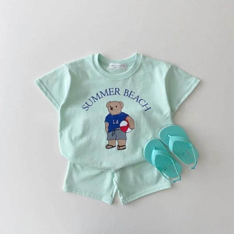 

Summer Toddler kids clothing set newborn cartoon bear outfits boys and girls cotton short sleeve Tees and shorts 2pcs set
