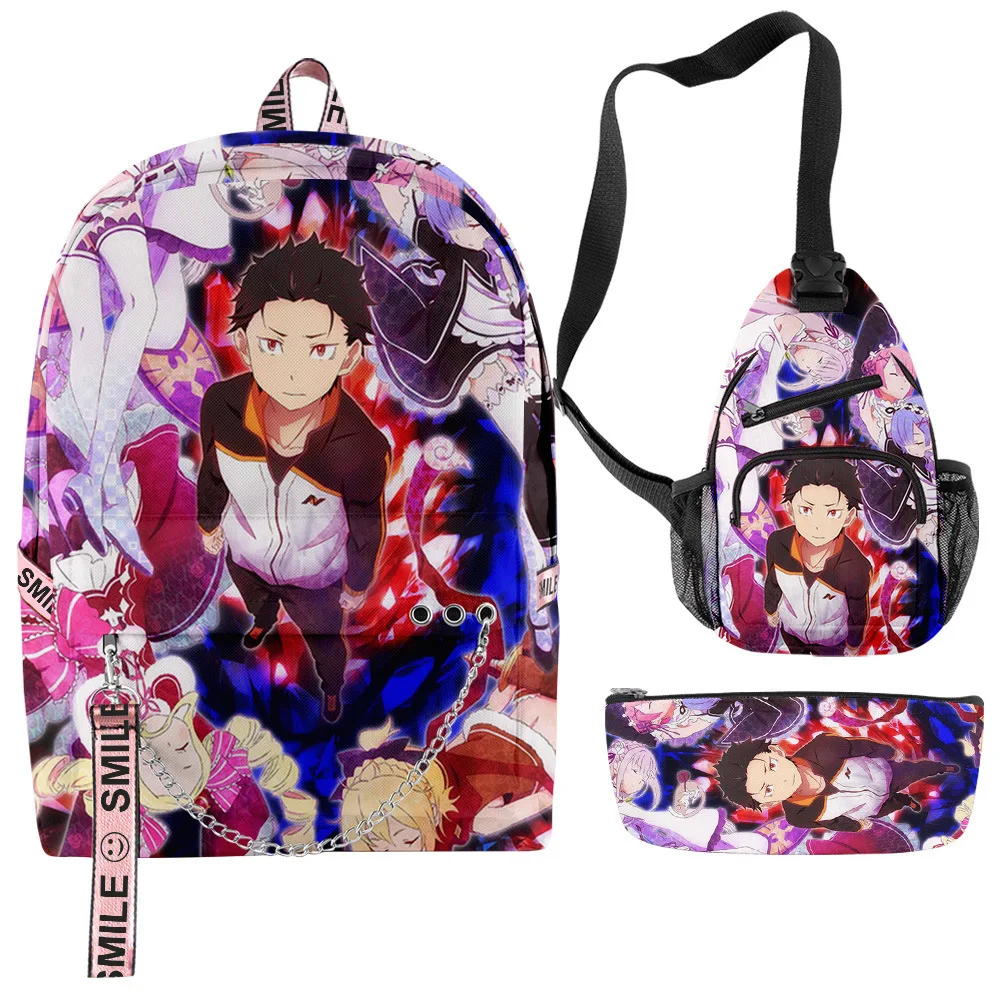 

Cartoon Cool Re:Life In A Different World From Zero RE0 Subaru Emilia Rem 3D 3pcs/Set School Bag Backpack Chest Bag Pencil Case