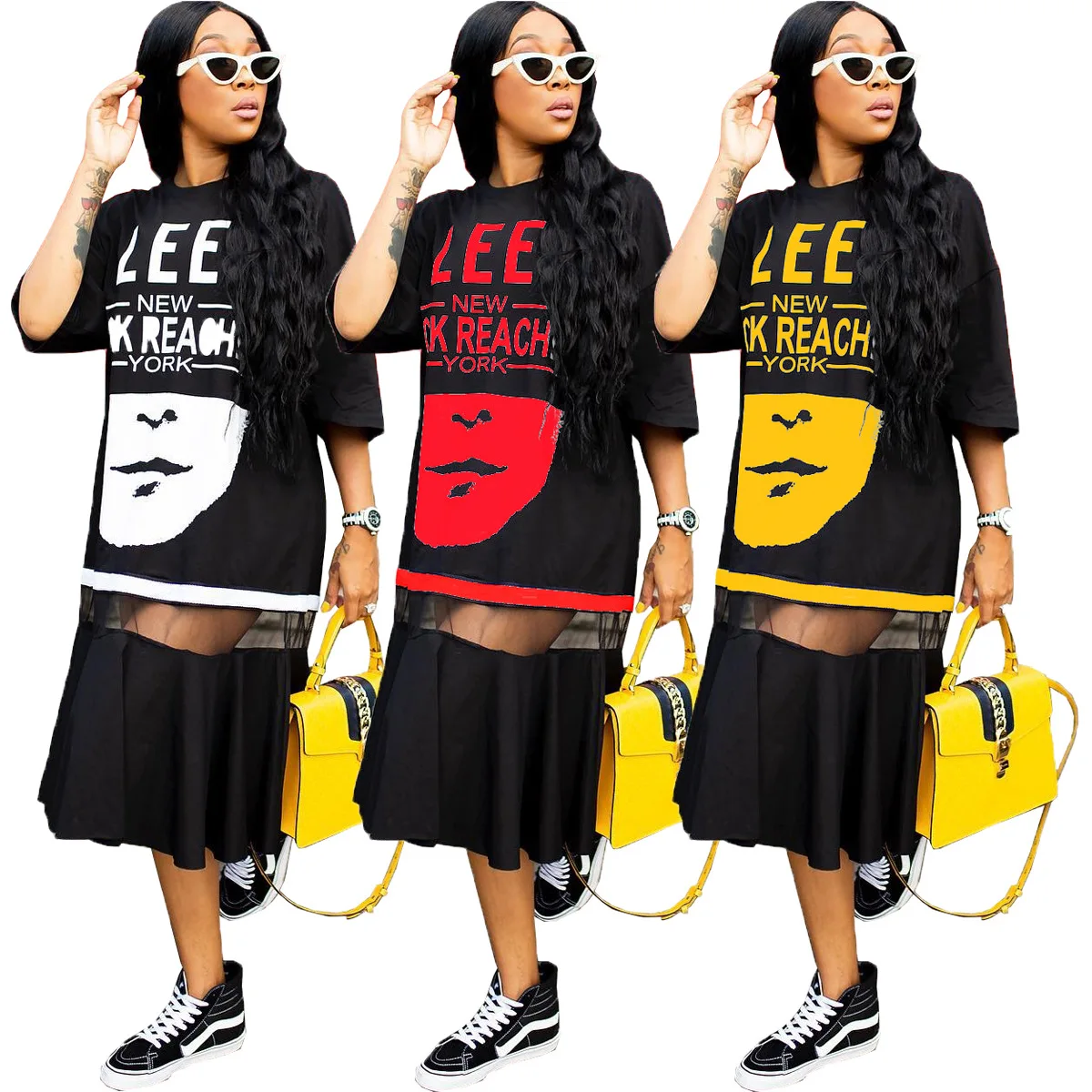 

Ladies T Shirt Printing Net Yarn Splicing Dress Skirt Letters In Summer Boho Chic Long Clothing Sundresses Casual Dresses Maxi