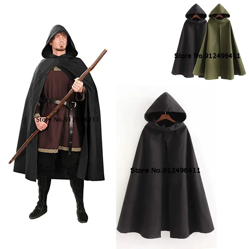 

Halloween Medieval Archer Cape Wizard Coat Casual Sleeveless Black Hooded Cloak Wide Open Woolen Outwear Girls Drama Costume