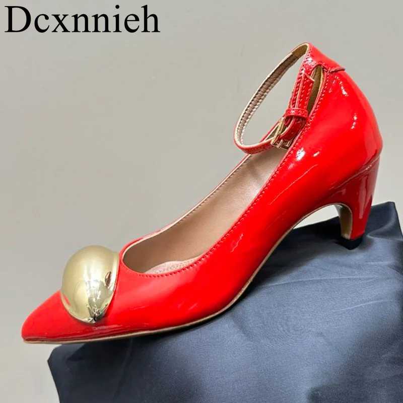 

Spring Autumn Pointed Lacquer Leather High Heels Women's Metal Decorative Single Shoes Comfortable Solid Color Casual Sandals