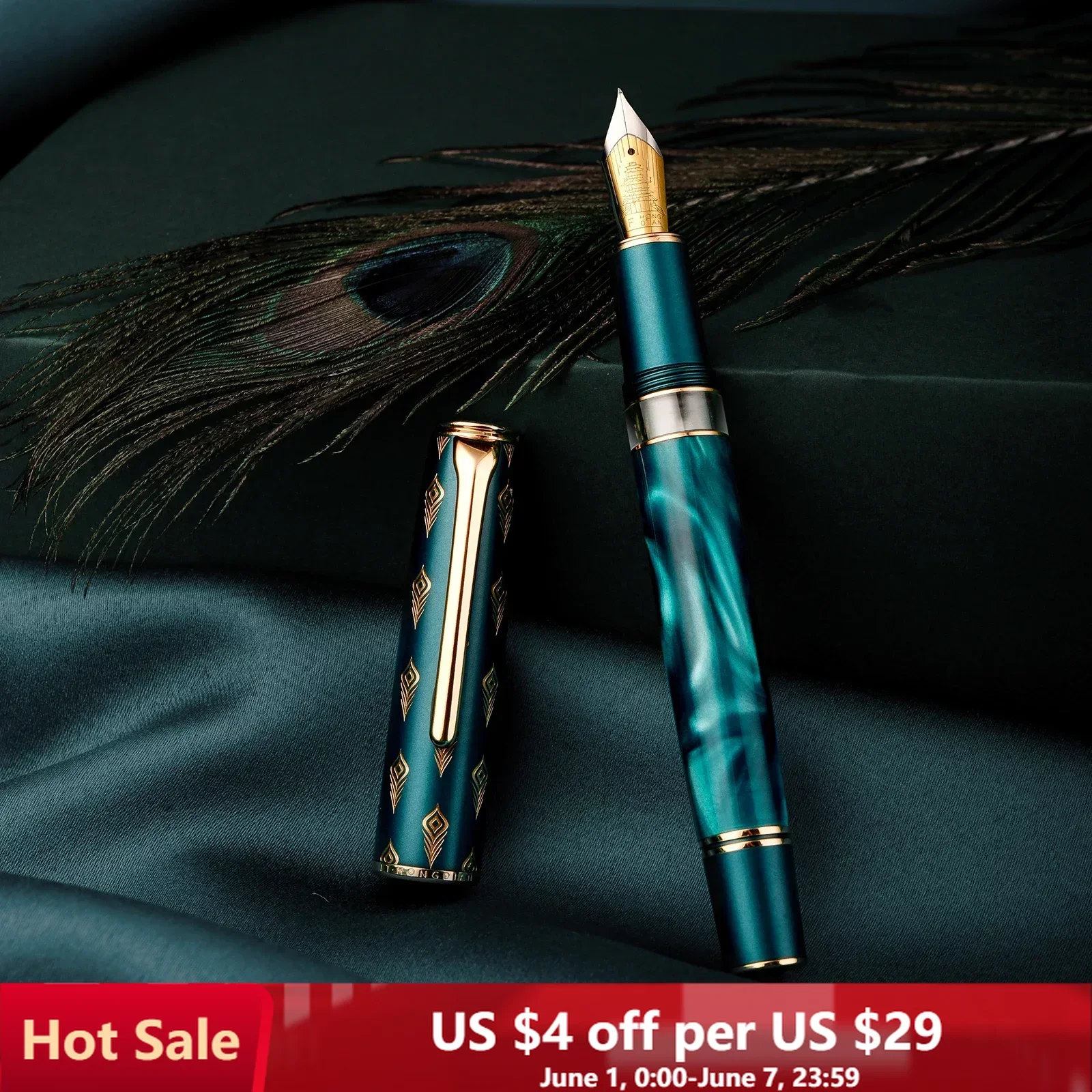 Hongdian N7 Resin Piston Fountain Pen EF/F/M/Long Knife Nib Beautiful Green / Gray Peacock Totem Cap Writing Office Gift Ink Pen