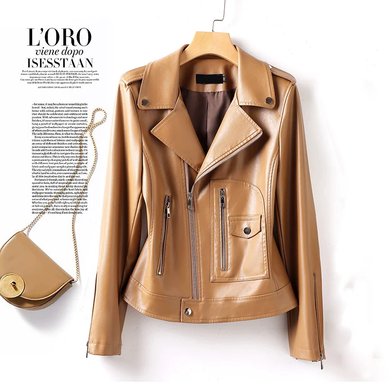 M-5XL Fashion Moto Biker Leather Jackets For Women Diagonal Zipper Split Sheepskin Casual Short Leather Jackets Coat Female