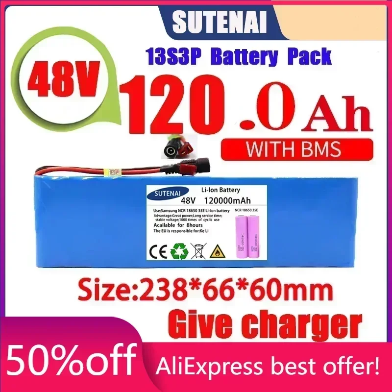

New 48V 120000mAh 1000w 13S3P 48V Lithium ion Battery Pack 120Ah For 54.6v E-bike Electric bicycle Scooter with BMS+charger