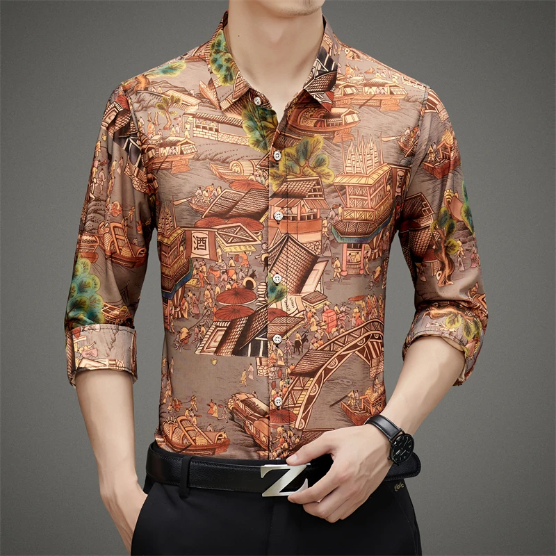 

2023 Autumn Spring Clothes Long Sleeves OverSize Print Hawaiian Beach Casual Floral Shirt For Man