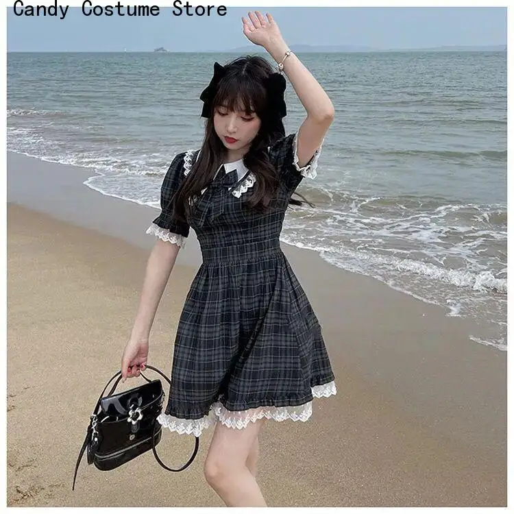 

Lolita Dress Gothic Japanese Harajuku Dark Outfits Summer Plaid Grunge Kawaii Bow Lace Dresses Women Cute Preppy Style