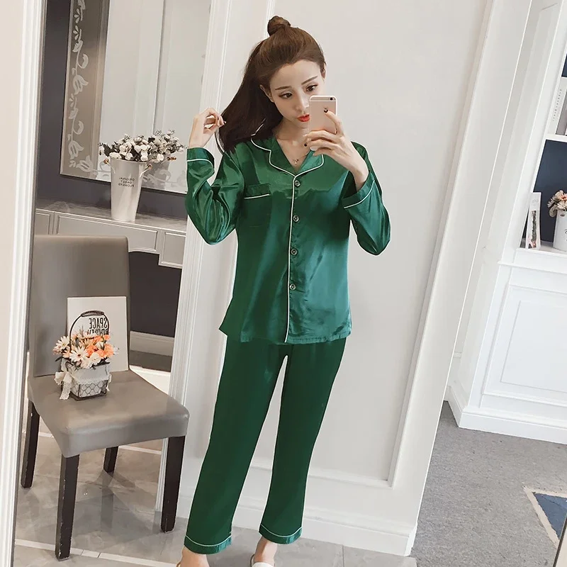 Plus Size 5XL Women's Pajamas Set Satin Silk Sleepwear Turn-down Collar 2 Pieces Pijima Casual Soft Loungewear Home Clothes