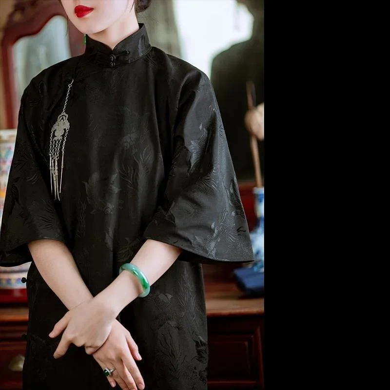

Spring Black Retro Elegant Three Quarter Sleeve Loose Long Tradition Cheongsam Dress Loose Chinese Collar Modern Improved Qipao