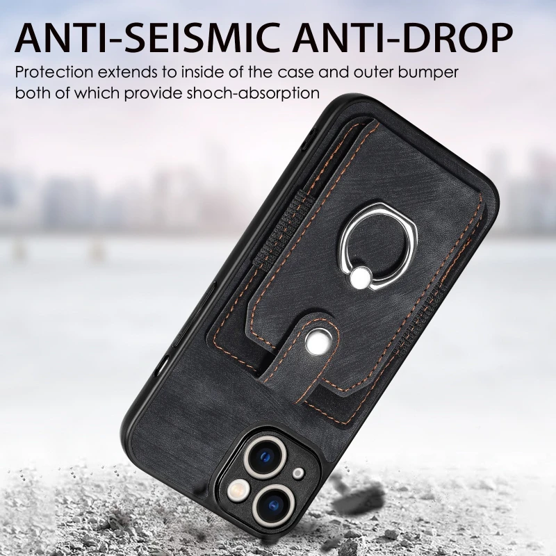 Ring Stand Card Holder PU Leather Shockproof Phone Case - Tough Hard Protective Cover
