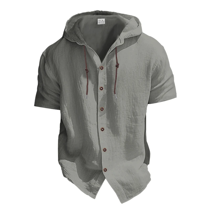 Casual Short Sleeved Shirt Summer cotton linen men's US size solid color hooded plus size