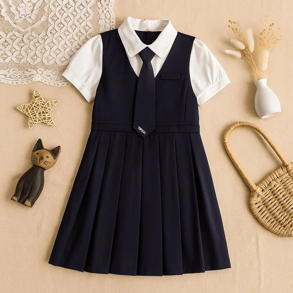 Pleated Kids Fake Two Dress Preppy Style Short Sleeve Summer Girls Dresses Skirts Teenagers Children A-line Dress Students