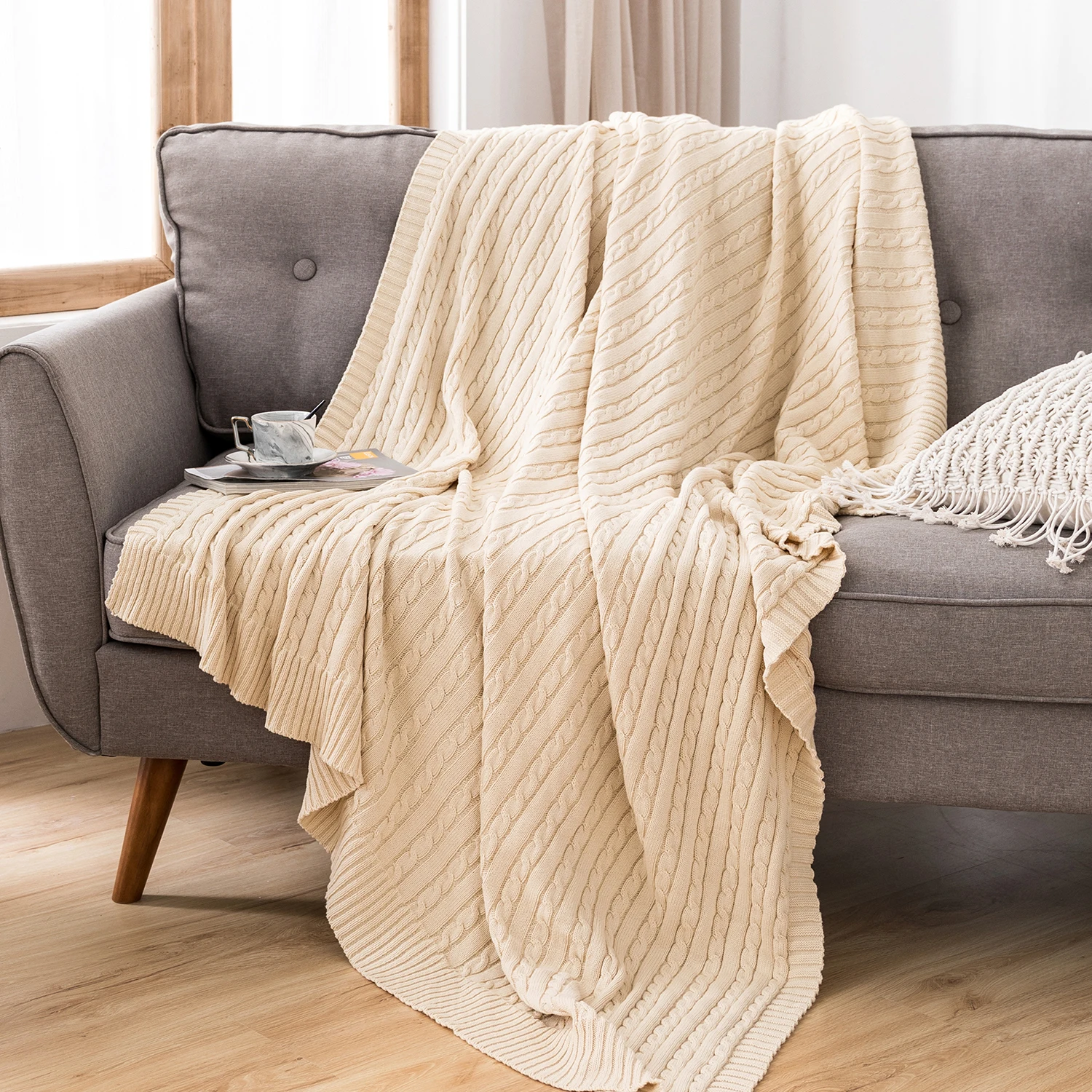 Battilo Cotton Knitted Throw Blanket for Bed Soft&Cozy Sofa Blanket Solid Cable Knit Throws Large Heavyweight Decorative Blanket 4