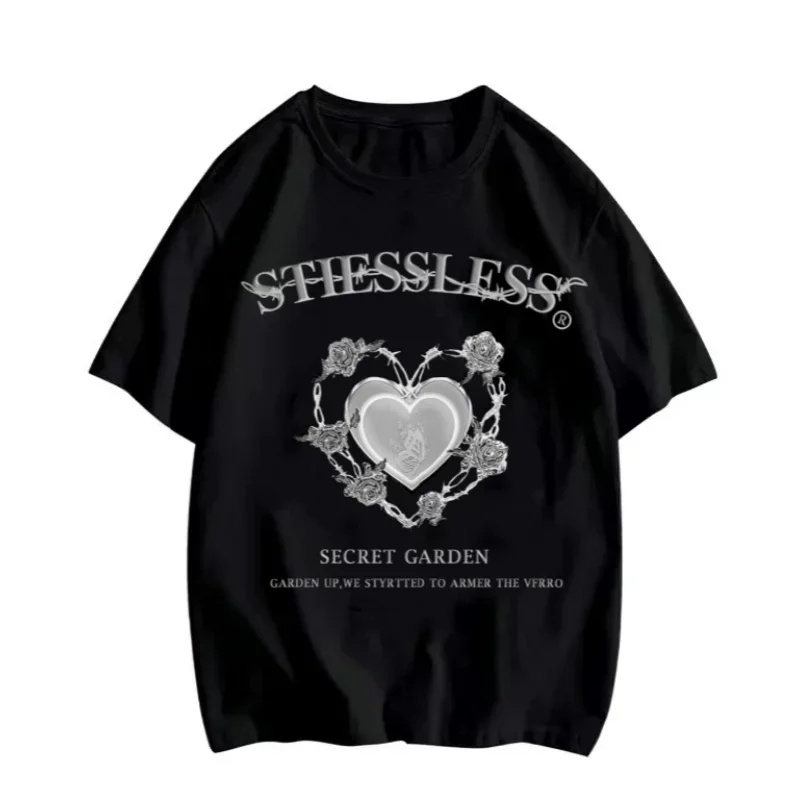 

Y2k Short Sleeves Summer Loose T-shirt Fashion Love Flower Tee Print Crew Neck Casual Loose Short Sleeve Fashion Summer Tops