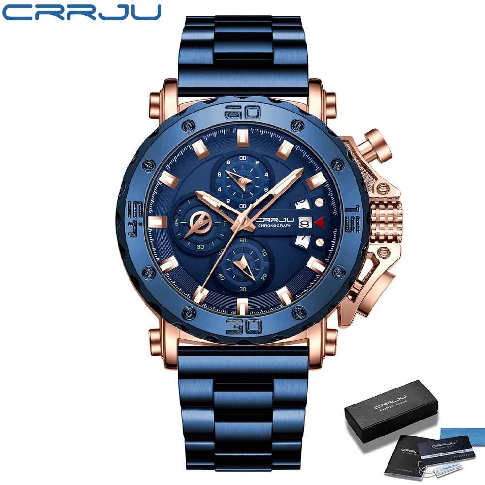 CRRJU – montre avec Top en acier inoxydable pour hommes, marque de luxe, sport, chronographe, à Quartz, nouvelle mode, 2022