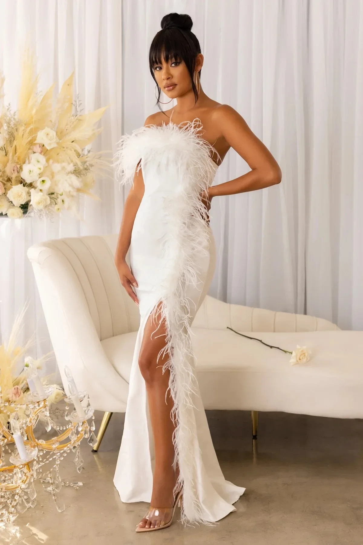 

Ladies Spring and Summer New Fashion Feather Stitching Sexy Slit Asymmetric Temperament Evening Dress