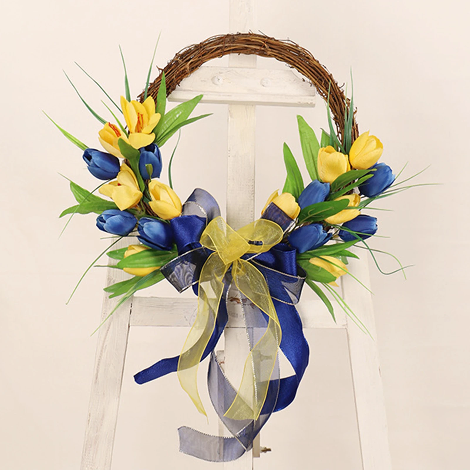 Tulip Spring Wreath For Front Door Summer Wreath For Front Door Yellow & Blue Artificial Flowers Summer Wreath Farmhouse Decor