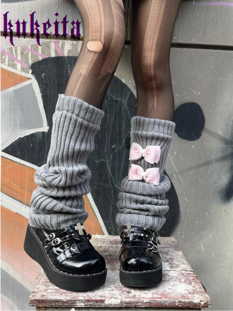 

Kukeita Harajuku Women Girls Y2k Punk Leg Warmers Socks Gothic Lolita Cute Tooth Bow Gray Knitted Warm Foot Cover Streetwear