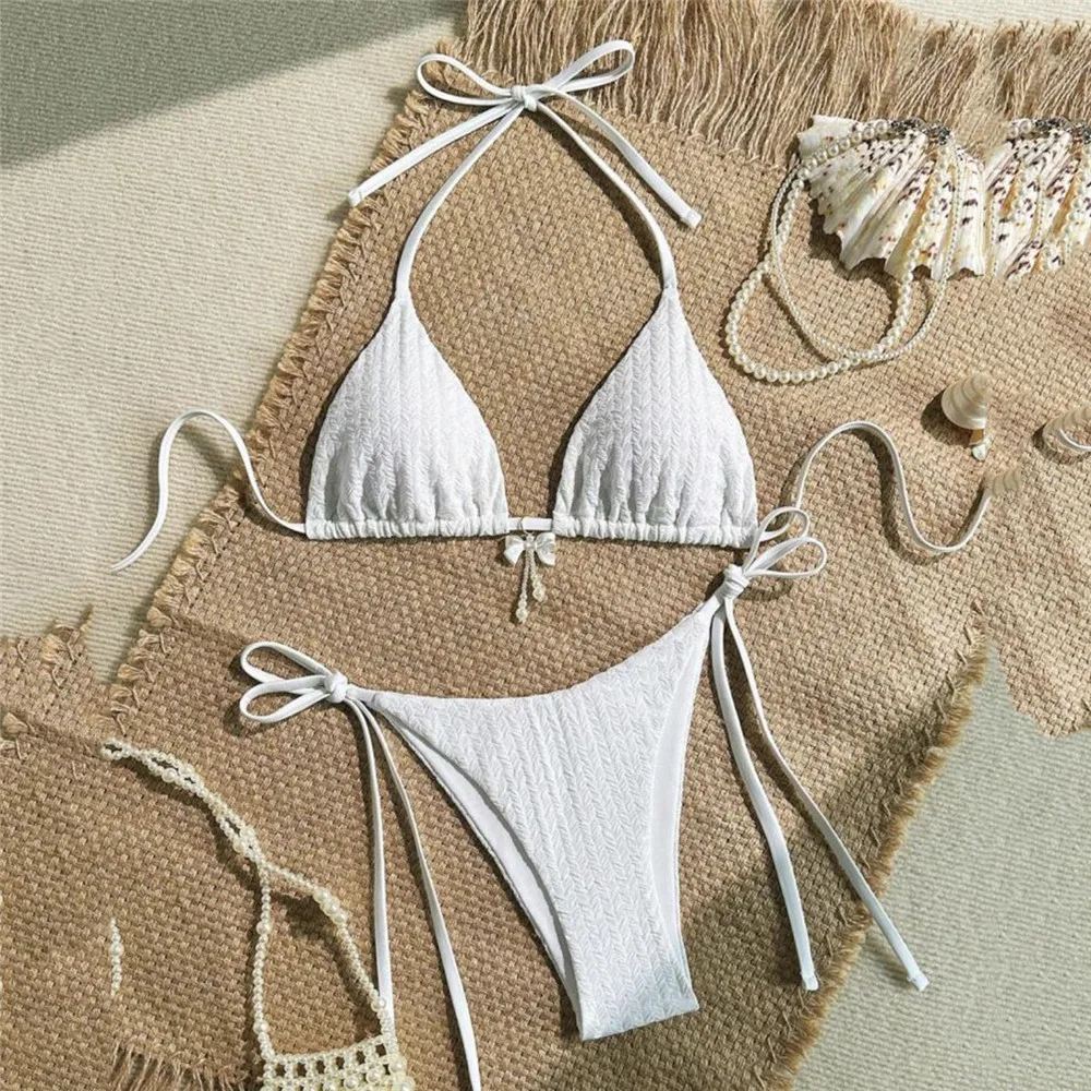 Yellow Halter String Triangle Micro Bikini Thong Solid Swimwears Bow Pearl Sexy Swimsuit Women Bathing Suit Bikinis Sets 2026 6