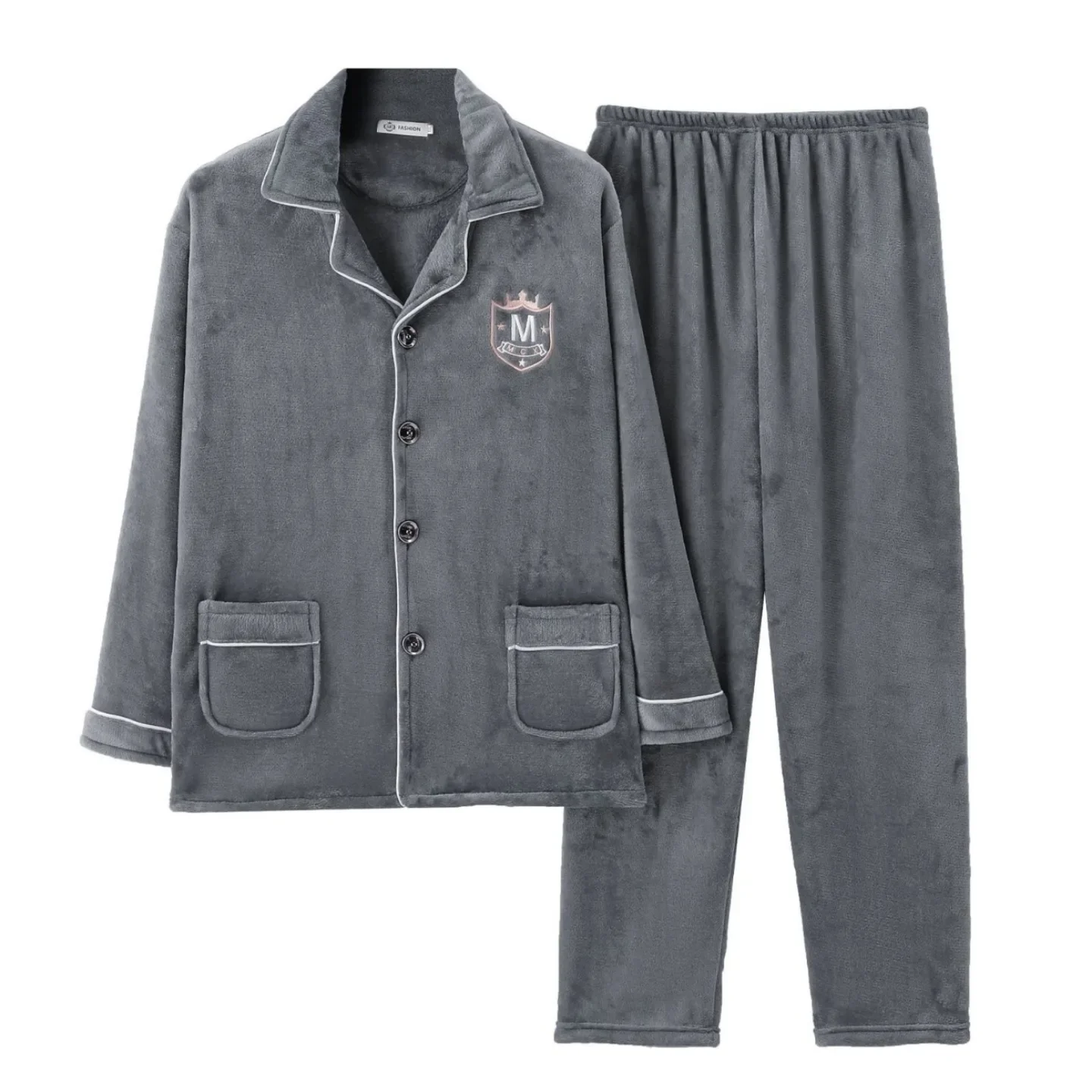 Casual Home Youth Winter Long Sleeve Warm Fleece-lined Thickened Flannel Pajamas For Men Warm Comfortable Sleepwear