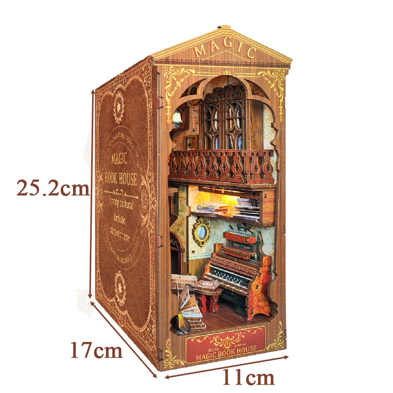 DIY Wooden Book Nook Shelf Insert Kit Miniature Building Kits Magic House Bookshelf with Light Bookends Friends Birthday Gifts 6