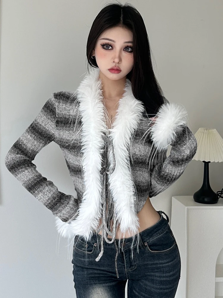 록모어 모피 패치워크 니트 가디건, 탑 스트리트, 가을, 겨울 캐주얼, 레이스 업 크롭 스웨터 코트, 여성 한국 니트웨어, y2k
