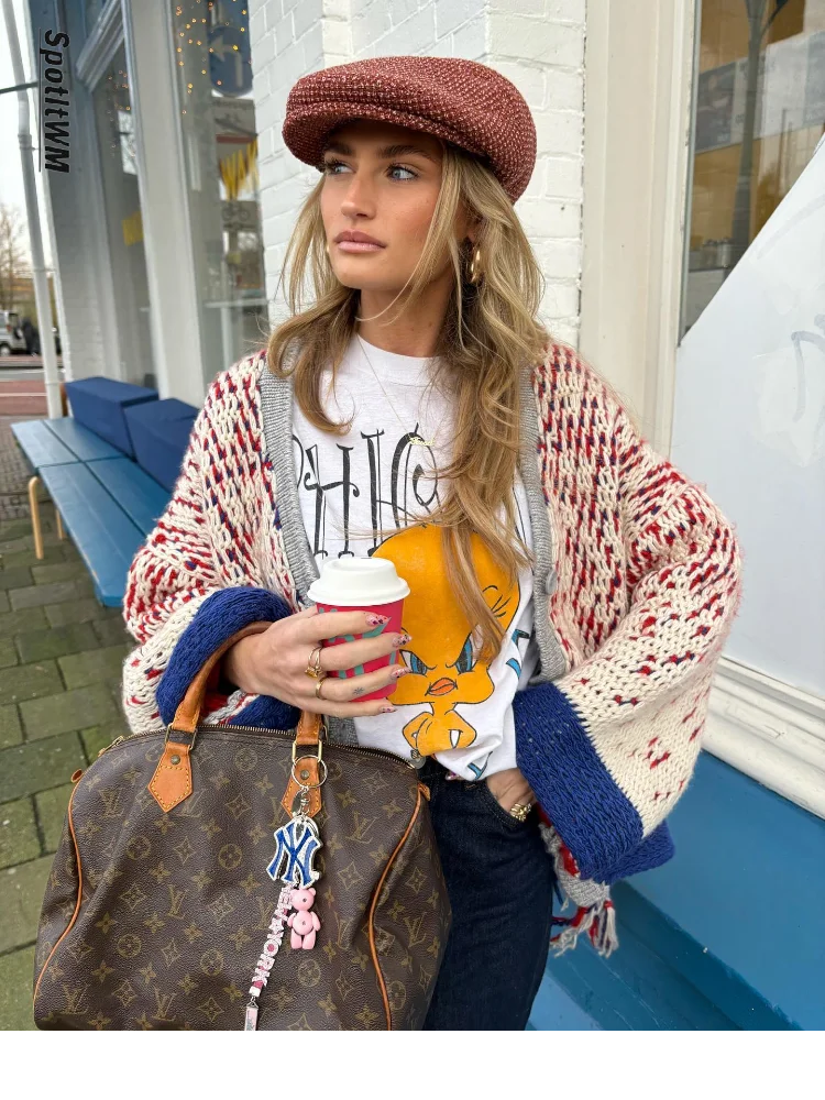 

Fashion Contrast Tassel Knitted Cardigan Sweater Women Thick Long Sleeve Oversize Jumpers Top Female High Street Loose Knitwear