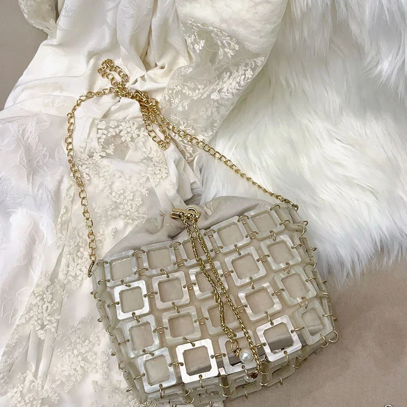 New Drawstring bead Ball Bag Beaded Handheld Dinner Bag High Quality Women's Hollow Out Bag Fashion Versatile Handheld