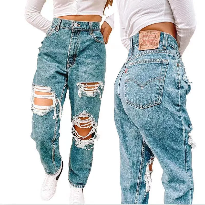 Fashion Blue Hole Straight Wide Leg Trousers Y2k Hollow Cargo Pants Women Mom Jeans Ripped Jeans Women Baggy High Waisted Pants