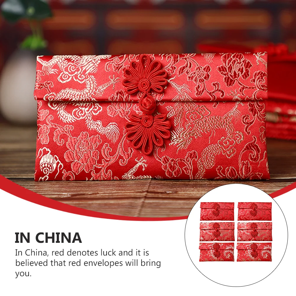 6 Pcs Buckle Fabric Red Envelope Chinese Knot Envelopes Silk Brocade Money Holders Paper Bags Printing Products Red Packets