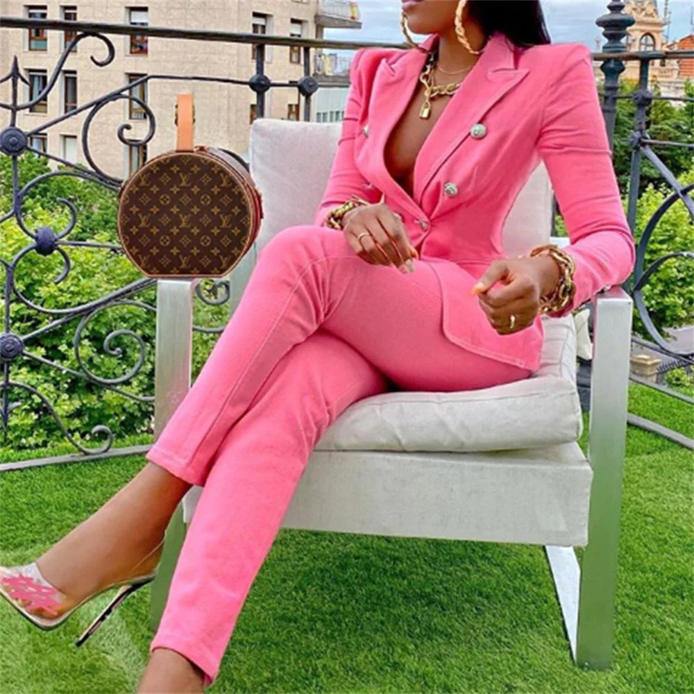 Chic Women's Suit 2023 New in Female Double Dreasted Blazers + Trouser 2 Piece Set Office Lady Business Suit Formal Pant Sets