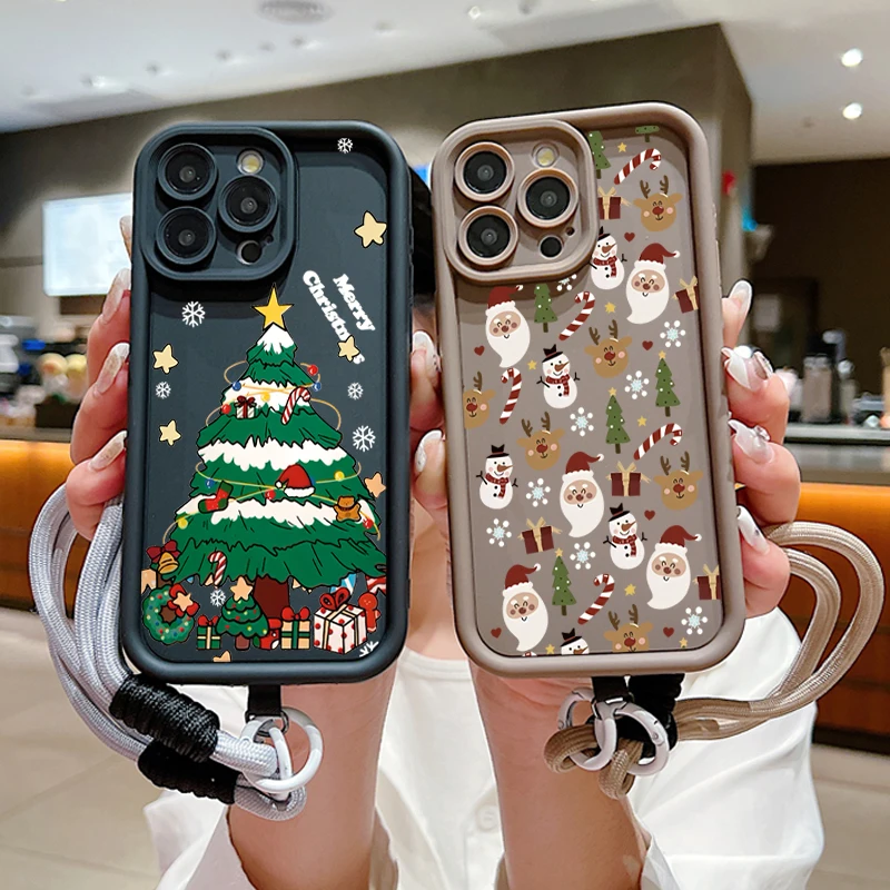 Festive Merry Christmas Pattern Lanyard Rope Phone Case Cover