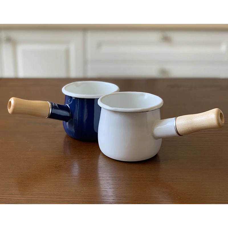500ml Mini Enamel Coffee Milk Pot With Wooden Handle Saucepan Cookware –  pocoro