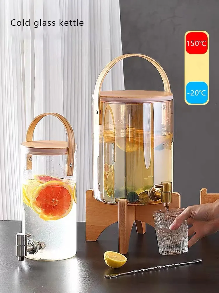 

Glass Cold Water Pitcher Household Large Capacity With Tap Cups Wine Juice Barrel Heat Resistant Lemon Water Bottle