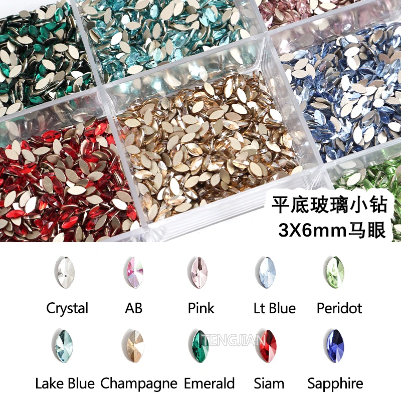 

3x6MM Horse Eye Flat Back Nail Art Rhinestones 10 Color Shiny Glass Crystals Gems DIY Manicure Decorations 100pcs