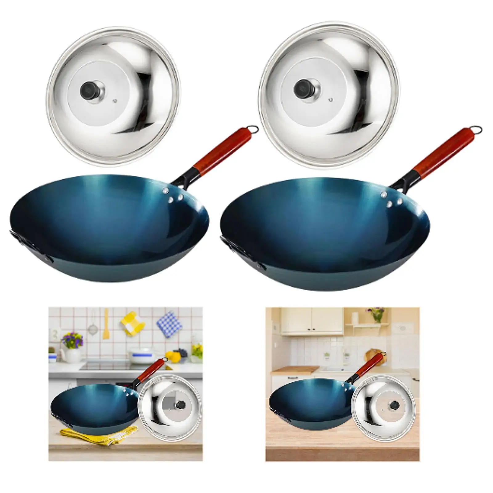 Wok Pan Chef with Wood Handle for Induction Cooker with Lid Traditional Wok for Kitchen Household Home Restaurant Cooking