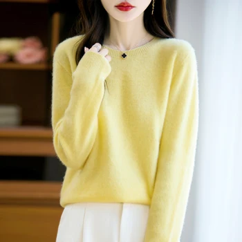 Autumn Winter Women 100% Merino Wool Sweater O-Neck Cashmere Pullover Basic Fashion Clothing Comfort Warm Top Casual Solid 1