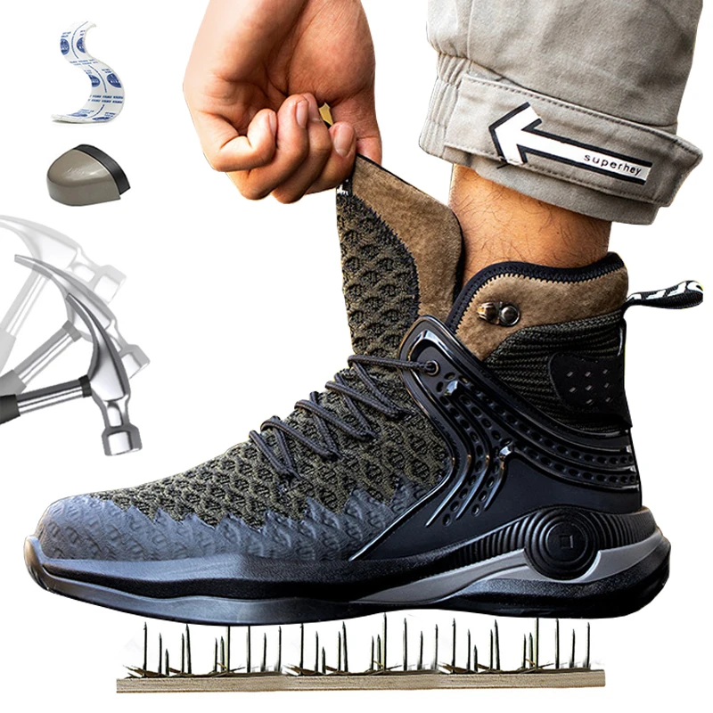 High-Top Labor Insurance Boots Men'S Anti-Smashing Anti-Piercing Steel Toe Safety Shoes Flying Woven Protective Work Shoes
