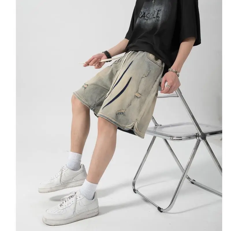 Yellow Mud Vintage Denim Shorts Men's Water Wash Fashion Brand American Vintage Loose Street Hip Hop Split Pants