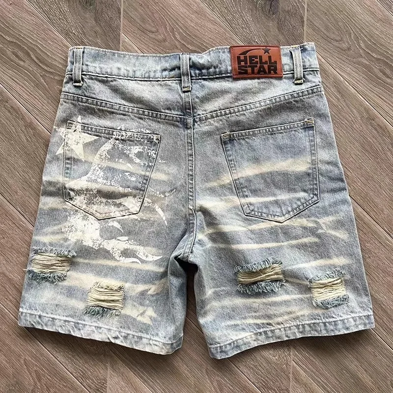 

Hip Hop Washed Hellstar Denim Jeans Shorts Men Women 1:1 Best Quality Burnt Ripped Vintage Kanye Shorts Haikyuu