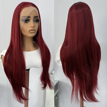 Burgundy Lace Front Wig 13x4 Long Silky Straight Synthetic Hair Wine Red Lace Wig Heat Resistant Natural Hairline Daily Cosplay