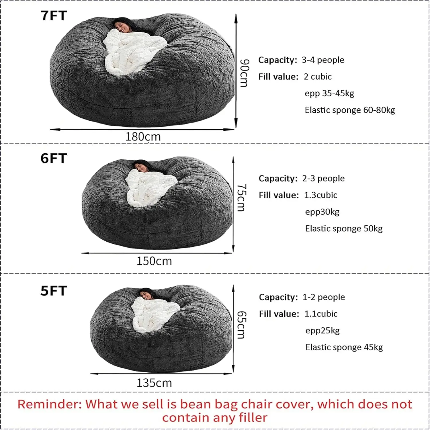 Chair for Adults Kids Without Filling Comfy Fluffy Giant Round Beanbag Lazy Sofa Cover for Reading Chair Floor Chair, 6
