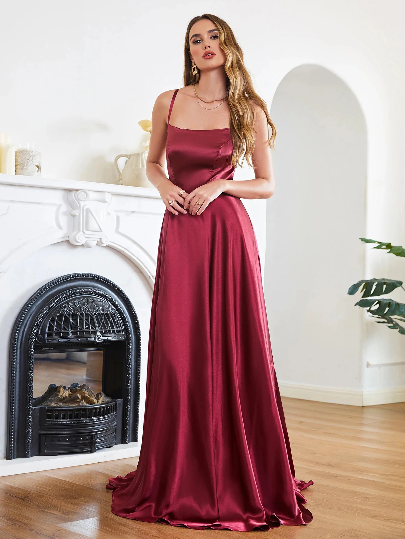 BABYONLINE Satin Evening Dress - Burgundy A-Line Backless Gown