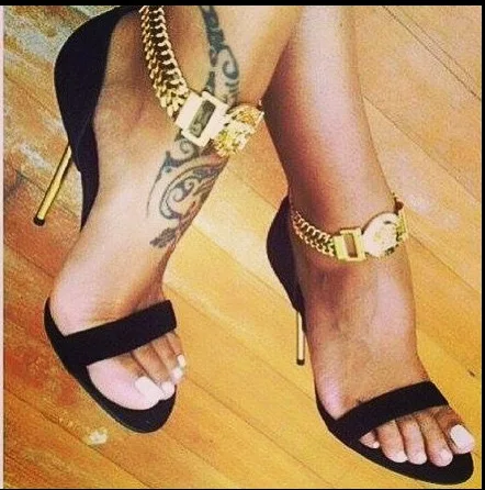 European Station Solid Metal Buckle Chain Iron Heel Simple One Line Buckle High Heel Sandals Sexy Heels