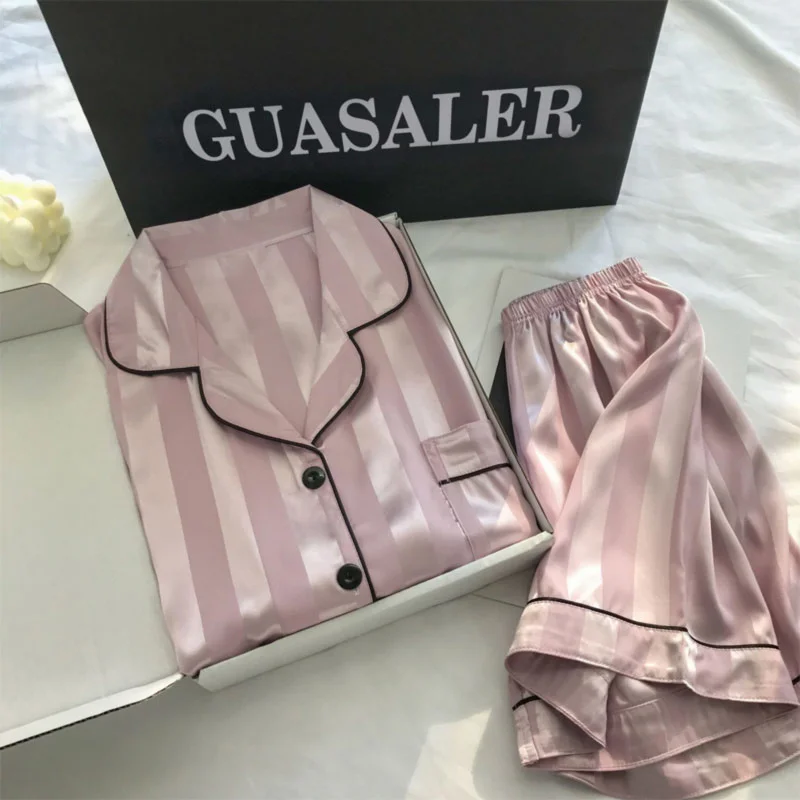 

2023 Womens Silk Satin Pajamas Set Short Sleeve Two-piece Pajama Sets Striped Sleepwear Female Loungewear Button-Down pyjama