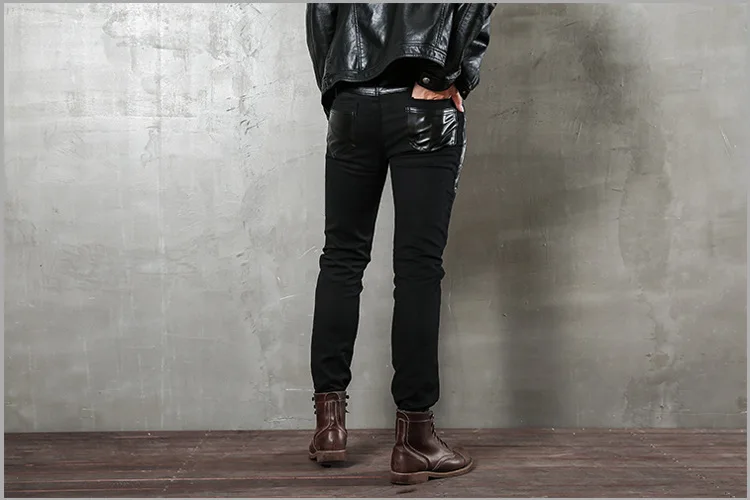 Mens Punk Fashion PU Leather Pants Personality Motorcycle Pencil Trousers Hip Hop Applique Black Leather Trousers Male