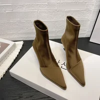 Ladies Shoes Elegant High Thin Heel New Satin Pointed Toe Short Boots Women Stretchce Temperament Ankle Boots Short Elegance